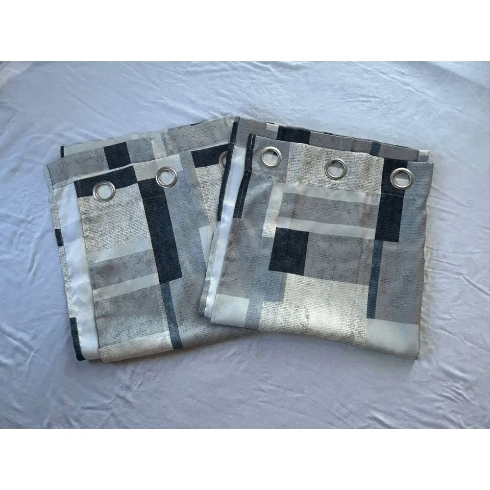 Grommet Panel Curtain Set of Two, Blue/ Cream/Gray Geometric Pattern, Long 84x39